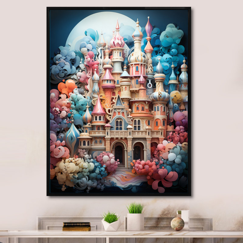 Essonne, châteaux fantaisistes, pastel I sur toile, H 40 po x l 30 po x P 1,5 po, Cadre flottant noir