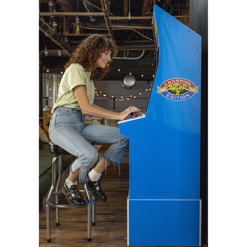 Arcade1Up Street Fighter II Big Blue Arcade Machine - Champion Edition with Riser, Exclusive Stool, and Light-Up Marquee