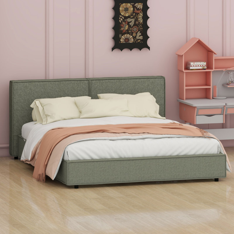 Cadre de lit plateforme avec tête de lit cousue à la main et construction renforcée durable, Vert