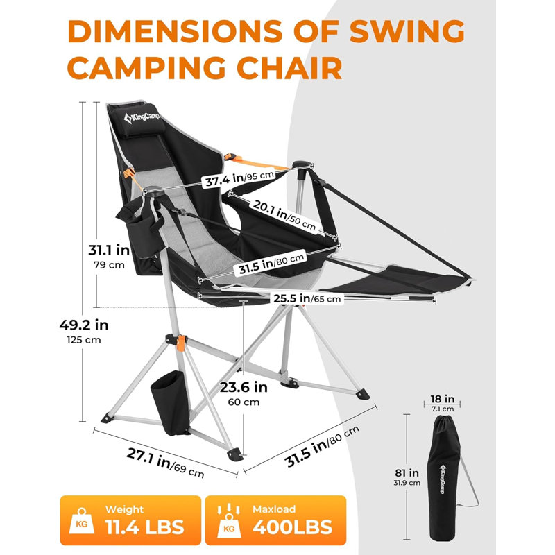 Hammock Chair With Footrest – Heavy Duty Swinging Rocking Camping Chairs For Adults Up To 400Lbs, Folding Portable Oversized Rocker With Cup Holder & Pillow For Outdoor Beach Lawn RV Sports