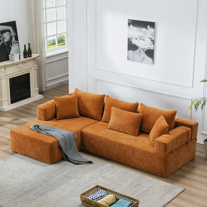 Canapé modulaire rembourré en L de 106,3 po Boneless, Orienté à gauche (vu de face), Orange Cotton