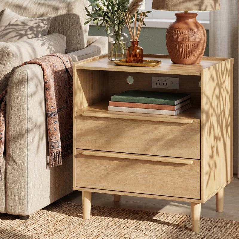 Table de chevet en bois de 66 cm de haut avec station de recharge, 2 tiroirs et pieds surélevés, chêne noir., Naturel