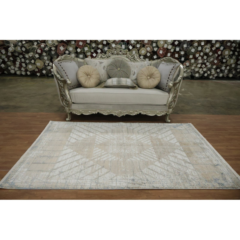 Tapis blanc artistique avec motifs géométriques complexes 5 x 8
