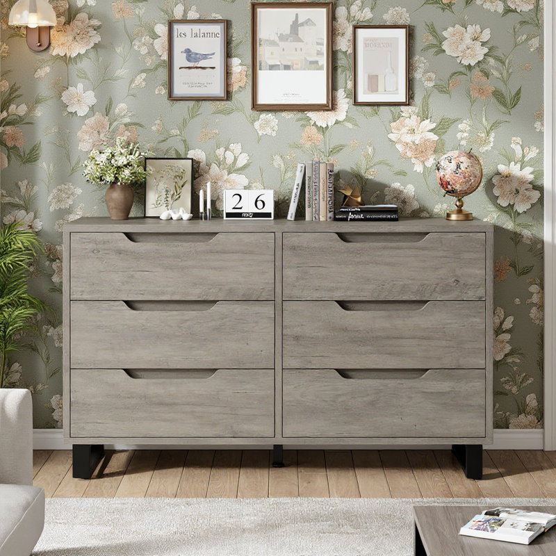 Commode 6 tiroirs en bois avec rangement, 47,2 po, Gris