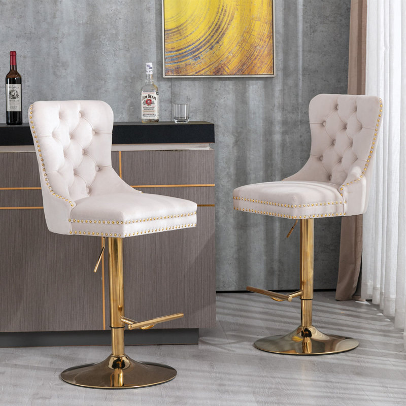 Baldock 2PC Swivel Adjustable Height Barstools,Modern Upholstered Stools with Tufted Back, White