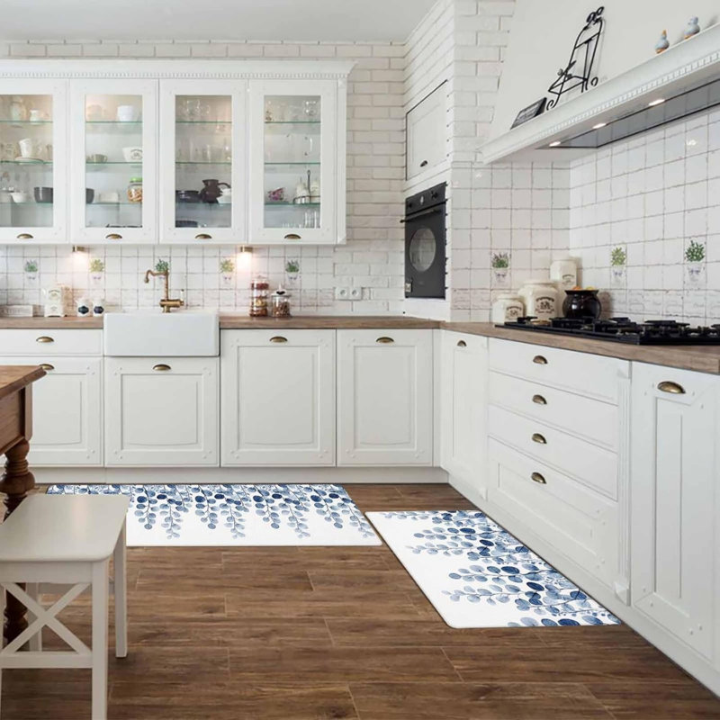 Ensemble de 2 tapis de cuisine en eucalyptus bleu, décoration botanique moderne pour la cuisine et la salle de bain, bleu blanc