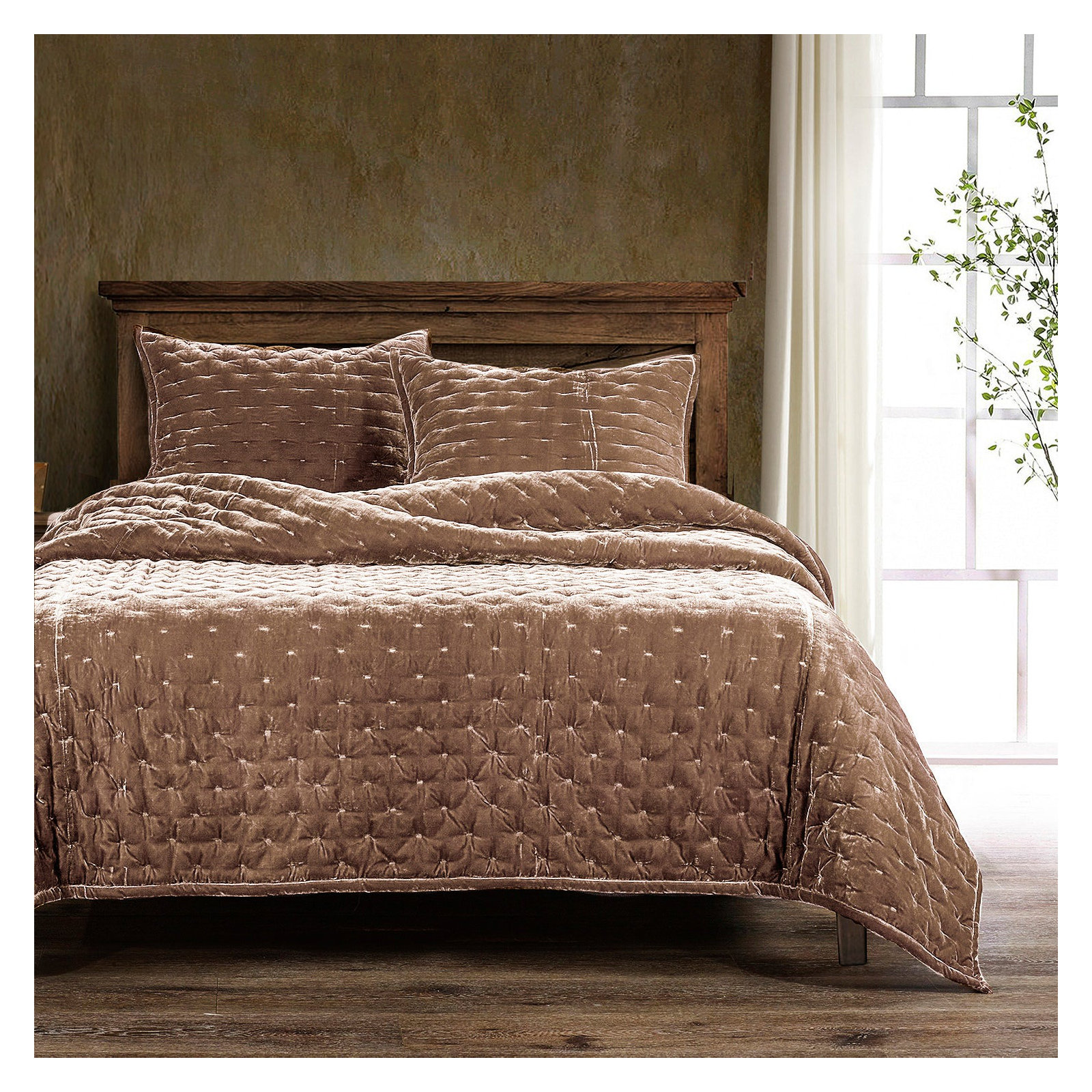 Stella Faux Silk Velvet Classic Chic Modern Rustic Romantic Western Quilt Set, Queen Quilt + 2 Standard Shams, Stone