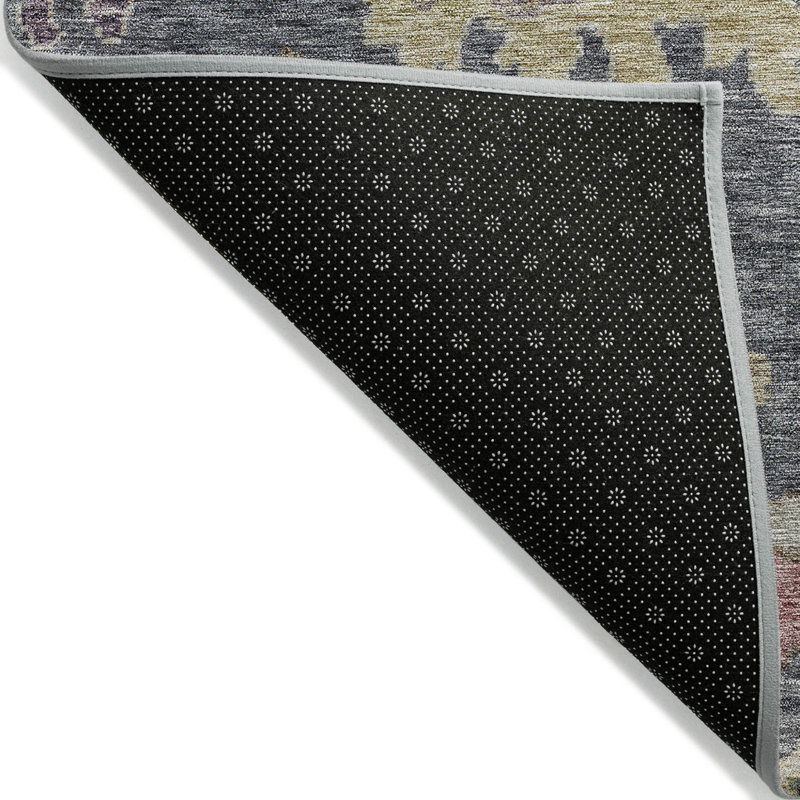 Tapis d'intérieur rond lavable floral bleu anthracite et doré 8 pi