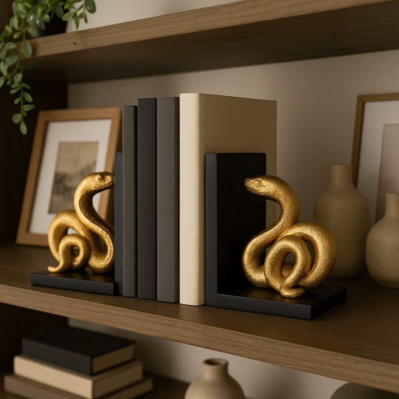 Modern Resin Snake Bookends on L-Shape Base - Decorative Book Ends for Bookshelf or Home Desk Decor - Set of 2, 6", Black & Gold