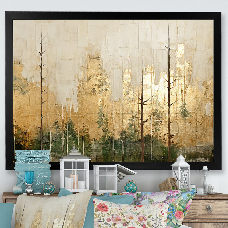 «Minimalisme beige et or forêt I», art mural sur toile forêt, H 12 po x l 20 po x P 1 po, Cadre simple noir