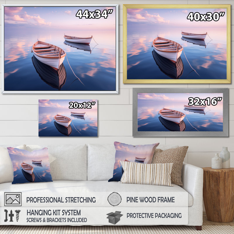 «Dinghy Boat Tranquility Pastel Sunset» sur toile, H 12 po x l 20 po x P 1 po, Cadre photo blanc