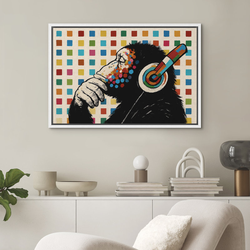Singe avec casque d'écoute Pop Art Funky Urban Decor - reproduction d'art sur toile encadrée, H 16 po x l 24 po, Blanc