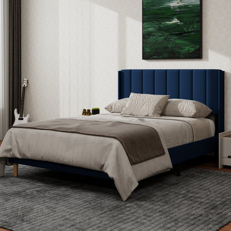 Structure de lit plateforme tapissier avec oreilles, Bleu, Lit double