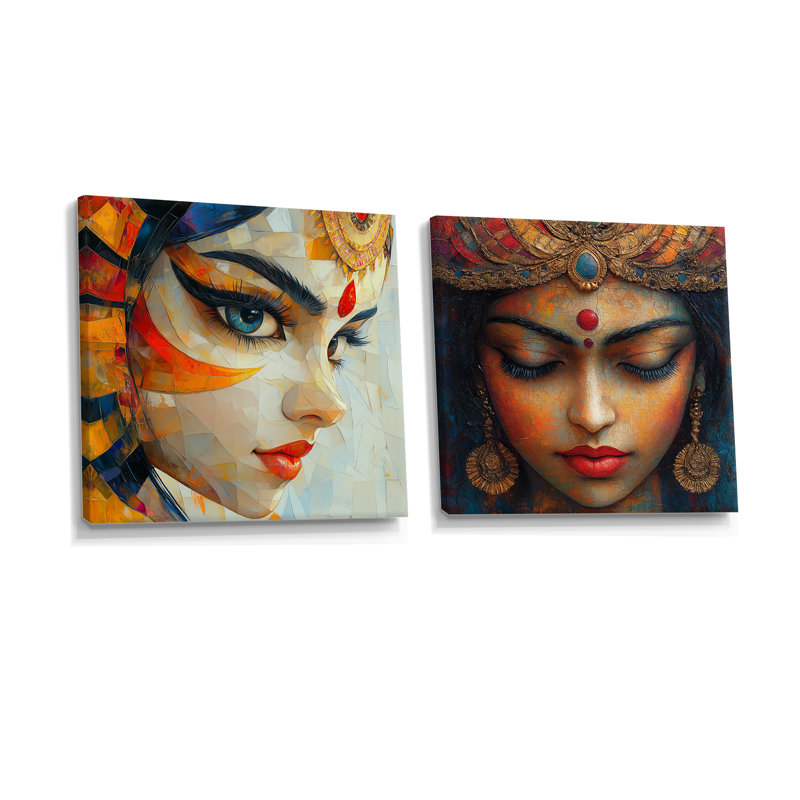 «Red Durga's Force Hindu Art I», art mural indien, ensemble de 2 décorations murales, H 36 po x l 73 po, Toile tendue