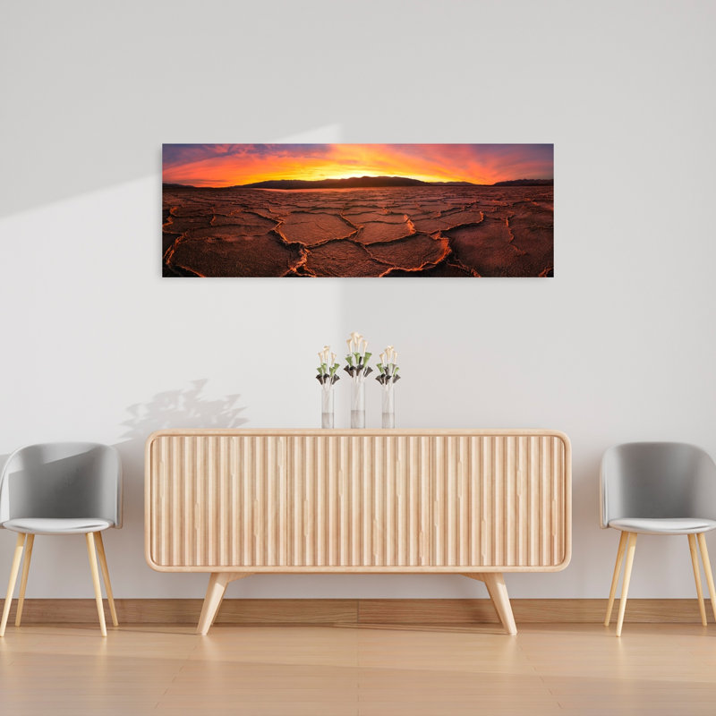 Coucher de soleil sur terre craquelée, paysage coloré spectaculaire, art mural, H 16 po x l 48 po