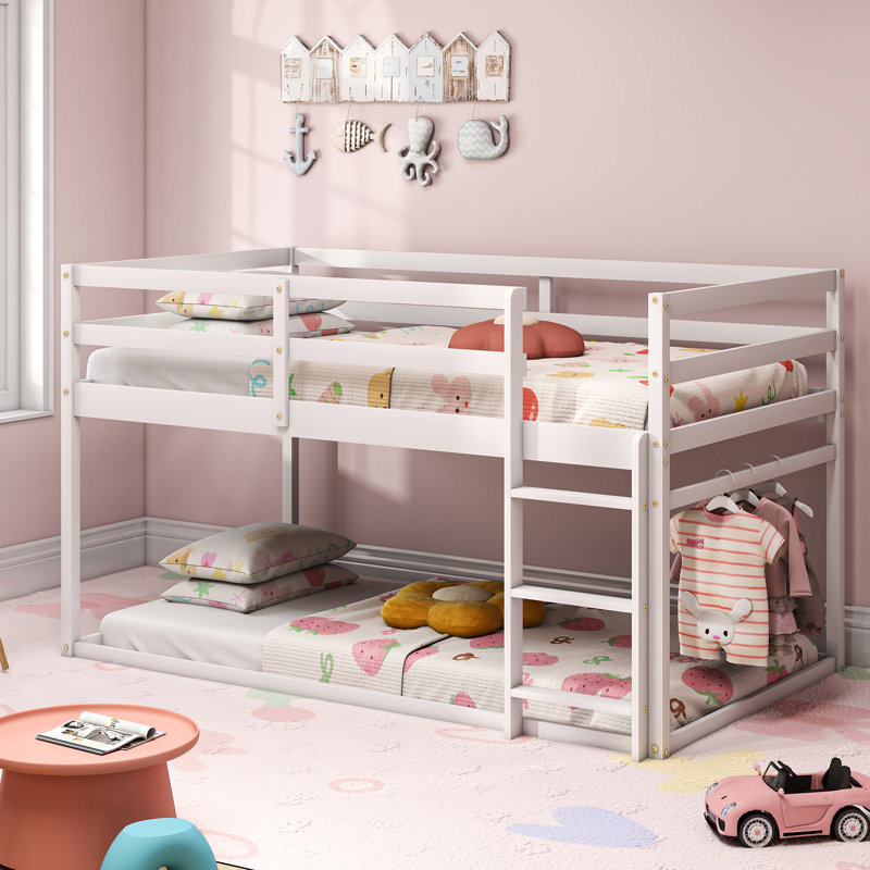 Solid Wood Versatile Twin Over Twin Floor Bunk Bed With Ladder, White