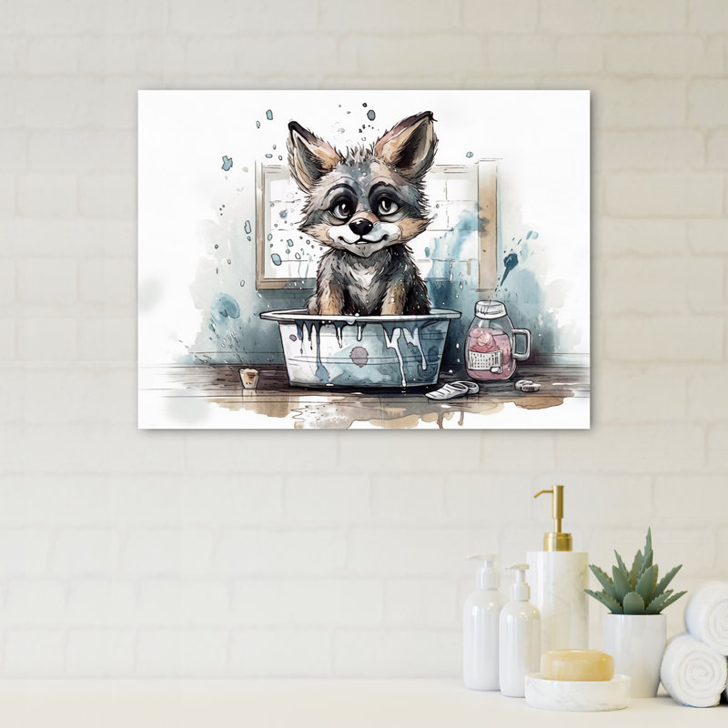 Animal sur toile, salle de bain chiot gris - Chiot gris dans une baignoire, H 12 po x l 20 po x P 1 po