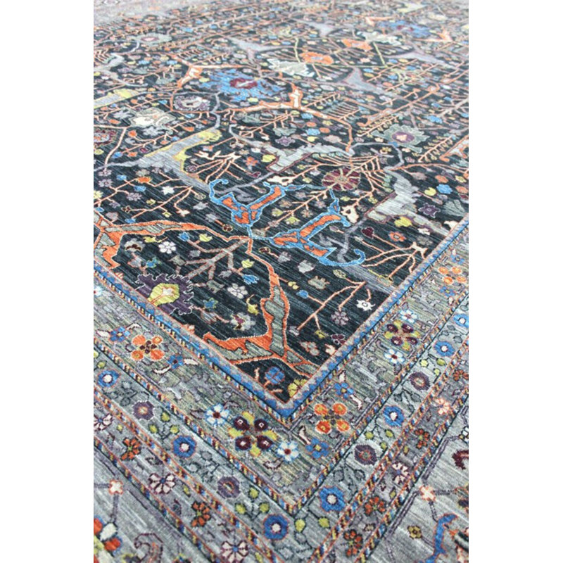 Arabesque Wool Southwestern Area Rug in Gray/Charcoal/Tangerine, Rectangle 9'10" x 13'11"