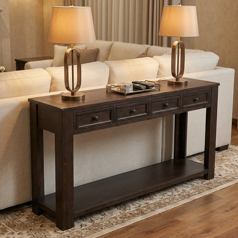 63"High-End Rustic Sofa Table With Drawers - Sturdy Craftsmanship, Hallway Storage Solution, Espresso Wood