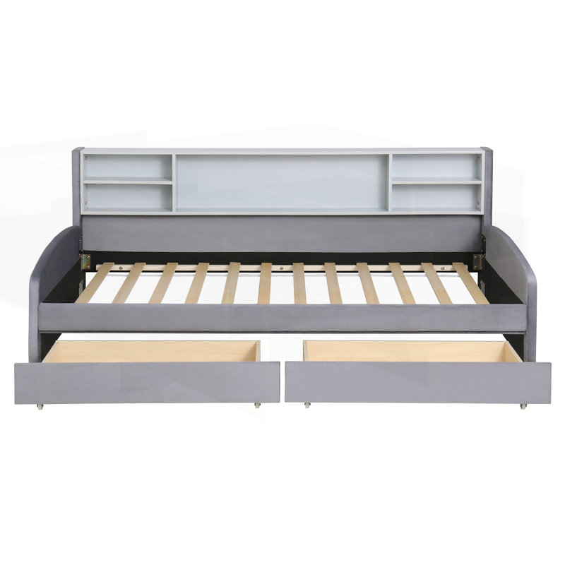 Lit plateforme simple tapissier avec rangement et tiroirs