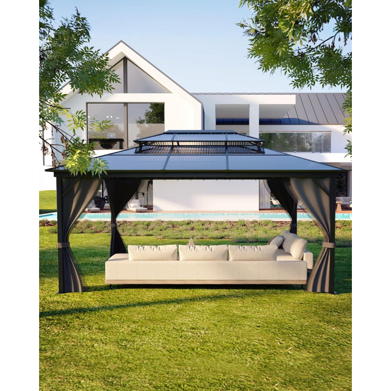 Hardtop Gazebo 12'x16', with Double Polycarbonate Roof, Aluminum Alloy Frame, Net, and Curtain