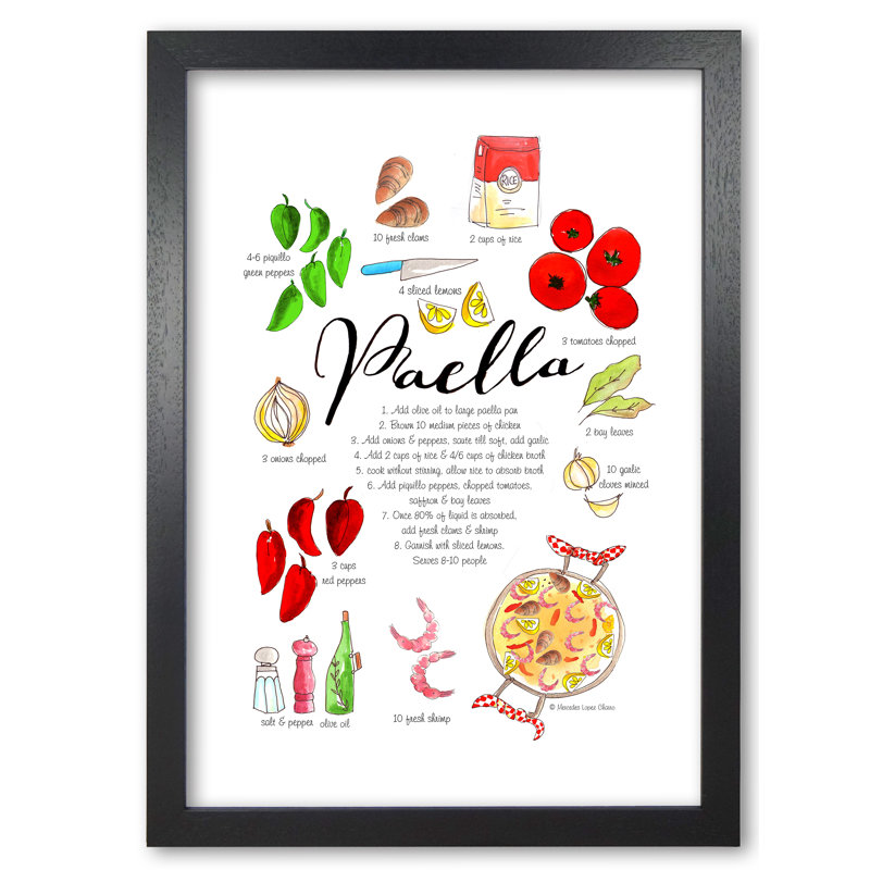 Paella Ingredients Recipe - Print, 59.4 cm H x 42 cm W x 5 cm D, Black Grain