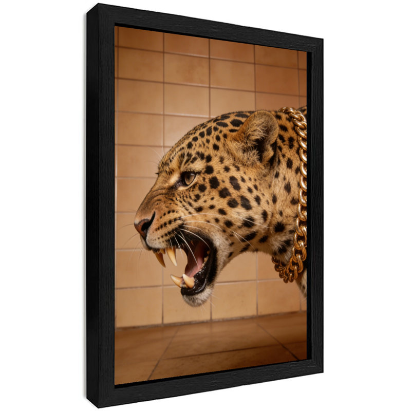 Reproduction d'art encadrée noire rétro léopard rugissant, H 11 po x l 9 po