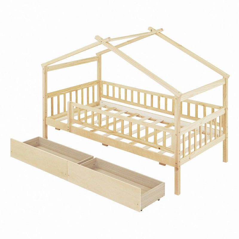Lit en bois avec deux tiroirs, Naturel
