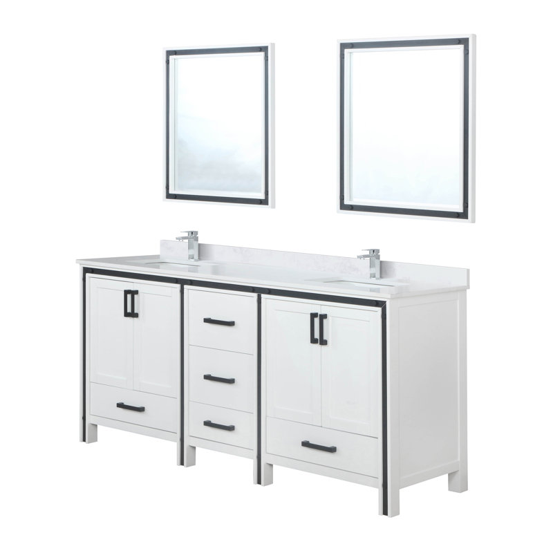 Ziva 72 in W x 22 in D Double Bath Vanity, White Top, 30 in Mirrors and Chrome Faucet Set, White, White Quartz