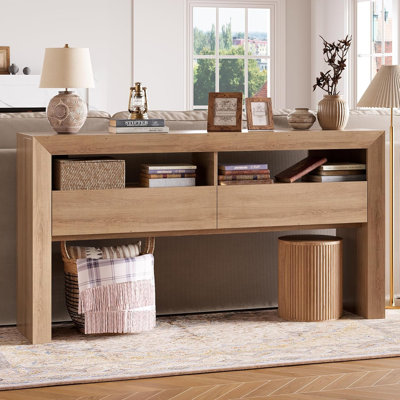 63" Farmhouse Console Table with 2 Drawers, Narrow Entryway Table with Open Storage Shelves, Sofa Table Behind Couch for Living Room, Hallway & Foyer