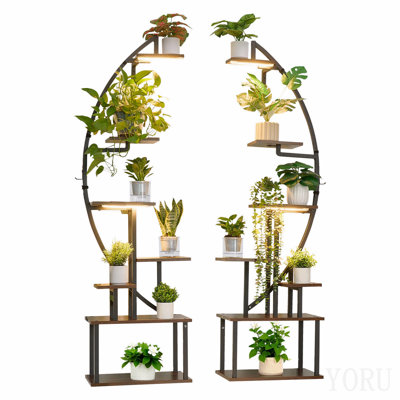 Support pour plante d'intérieur avec lumières de croissance, tablette de plantes éclairées de 7,5 po de hauteur, ensemble de 2 supports à plantes en coin en métal, 3 minuteurs et 10 luminaires, support de fleurs en forme de demi-lune pour le salon