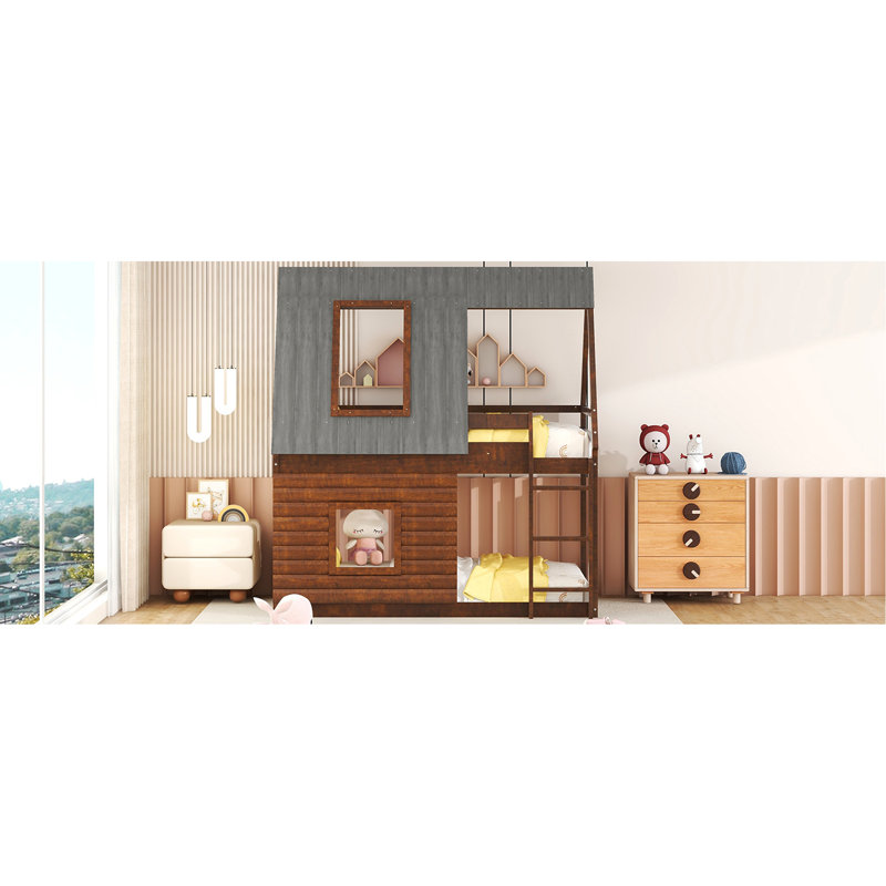 Lit superposé simple avec toit et 2 fenêtres - Fabrication en bois gris chêne fumé pour la chambre à coucher