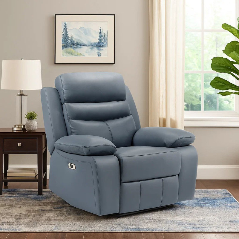 Fauteuil inclinable en cuir pleine fleur moderne de 41 po Kaniel avec recharge USB, commande à une touche et mousse haute densité