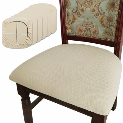 Dining Room Chair Seat Covers Set of 6, TPU not Mixed, Friendly Jacquard Fabric Stretch Washable Slipcover for Kitchen Seat Cushions, Beige-6PCS