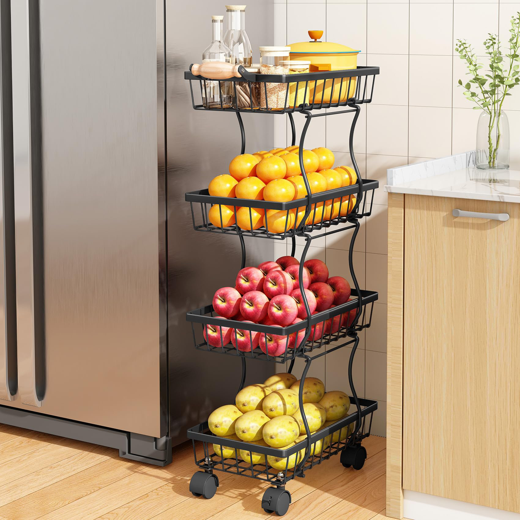OUMIKEJI Fruit Basket Kitchen Pantry Organizers And Storage - 4 Tier ...