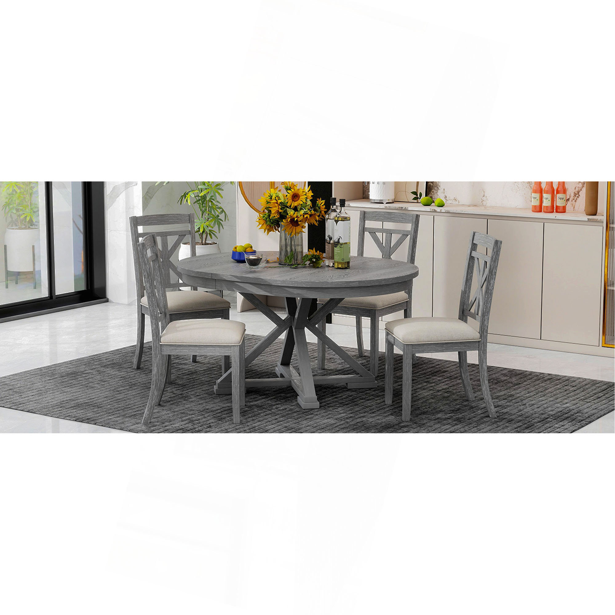17 Stories 5-Piece Retro Functional Dining Table Set Extendable Round ...