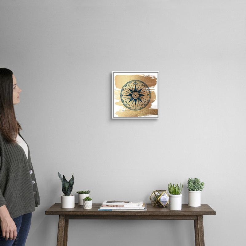 Or brossé rose Compass-impression sur toile, Cadre blanc, H 14 po x l 14 po x P 1,75 po