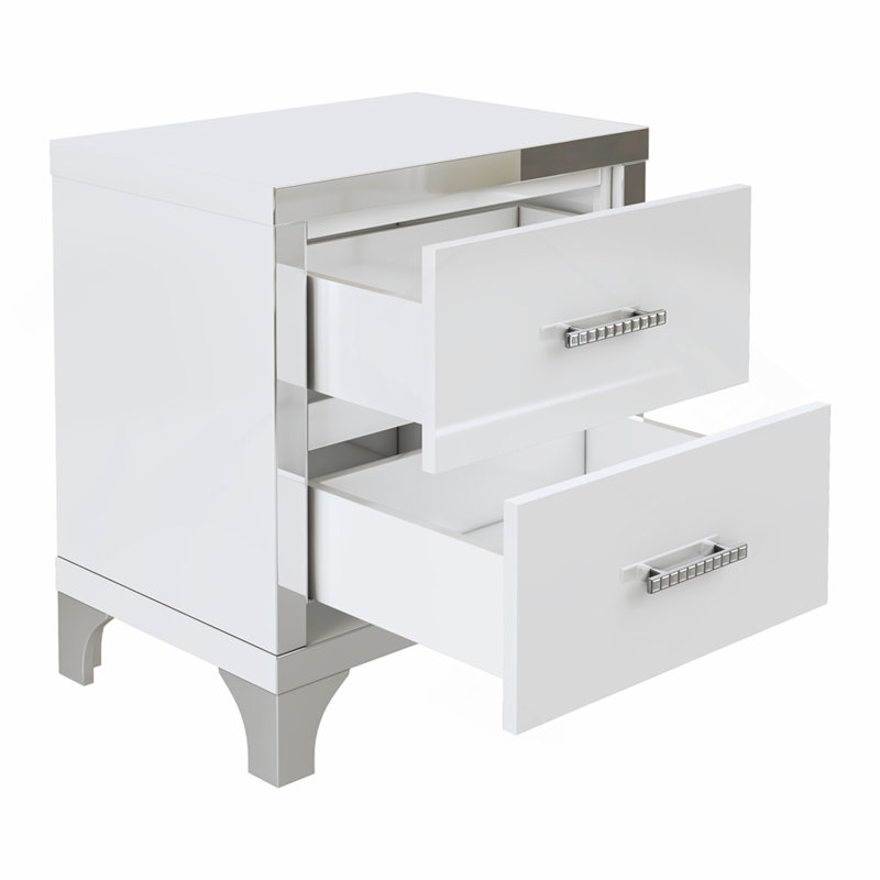 Élégante table de chevet ultrabrillante avec poignée en métal, table de chevet à miroir avec 2 tiroirs pour la chambre à coucher, le salon, le blanc