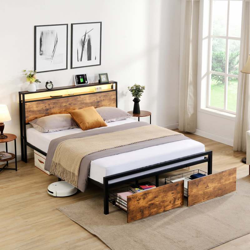 Cadre de lit moderne pour chambre à coucher, chambre d'amis, cadre de lit de chambre à coucher 1 pièce avec 2 tiroirs, lit à lumières DEL avec station de charge