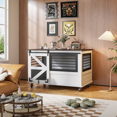 Mobilier de cage pour chien Giorgo de 47 pouces avec portes de taquineries / d'alimentation par le haut, caisses décoratives en bois pour chien avec roulettes, table de bout pour chien de taille moyenne et grande résistante à la mastication, blanc