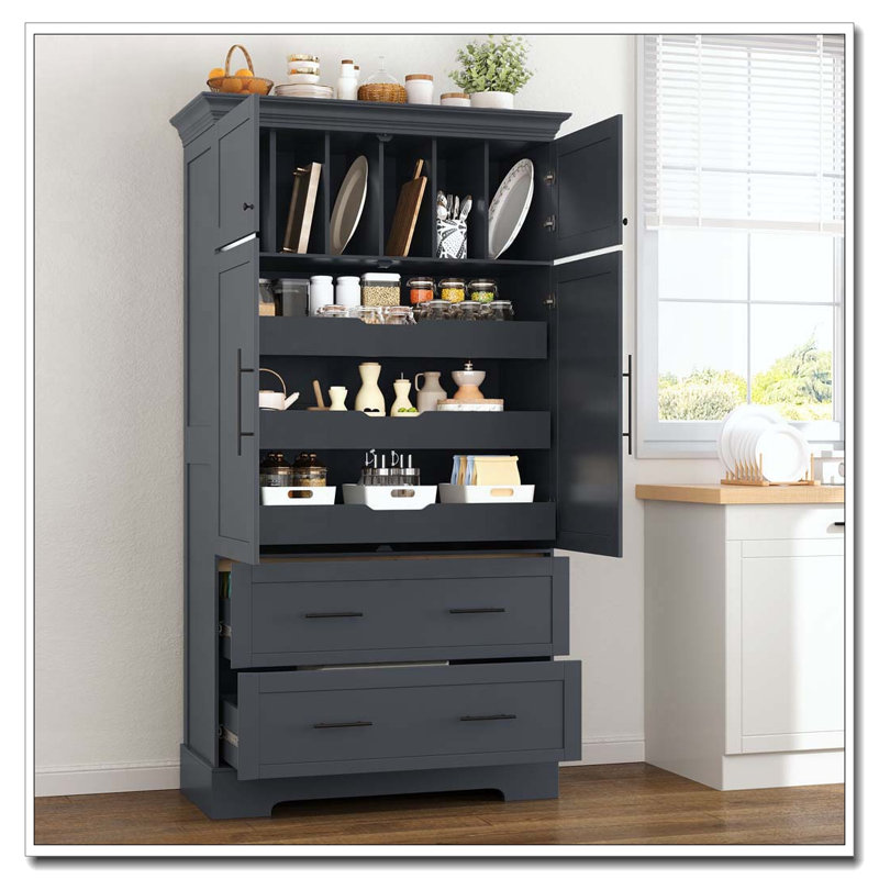 72.6'' Kitchen Pantry, 4 Doors Dining Storage Cabinet with Pull-out Trays, Drawers and Cake Pan Storage, Grey