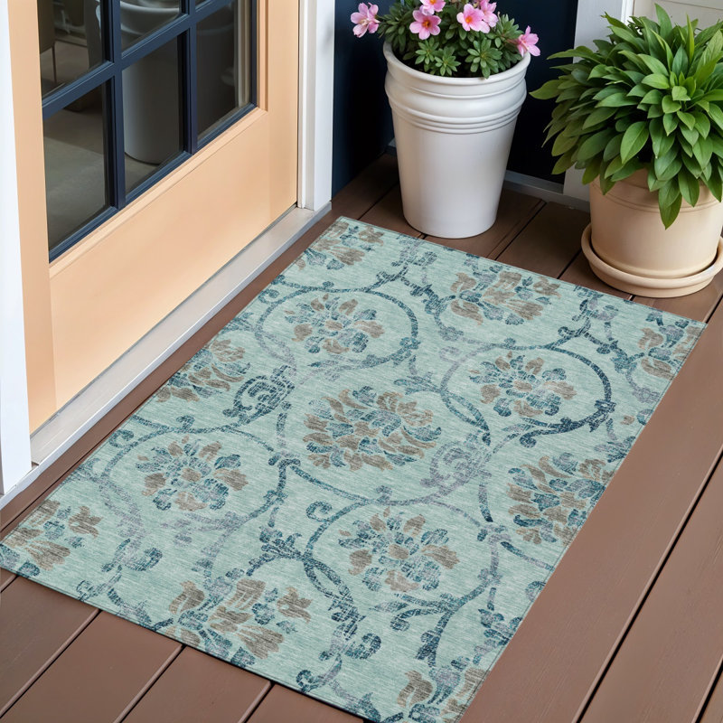 Tapis bleu sarcelle à motif floral lavable à l'extérieur 3 pi x 5 pi bleu sarcelle
