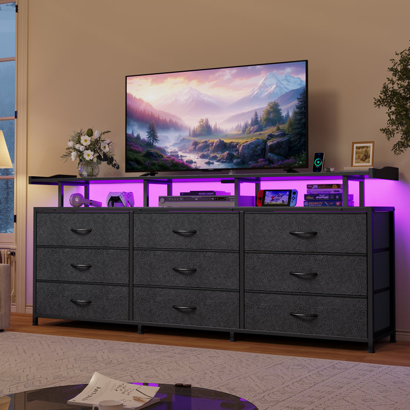 Meuble télé avec 9 tiroirs et station de charge, meuble télé extra long de 63 po pour téléviseur de 75 po ou moins avec lumière DEL