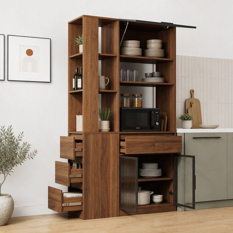 Armoire de rangement haute avec 5 tiroirs, portes et tablettes en verre, organisateur multifonctionnel, Walnut