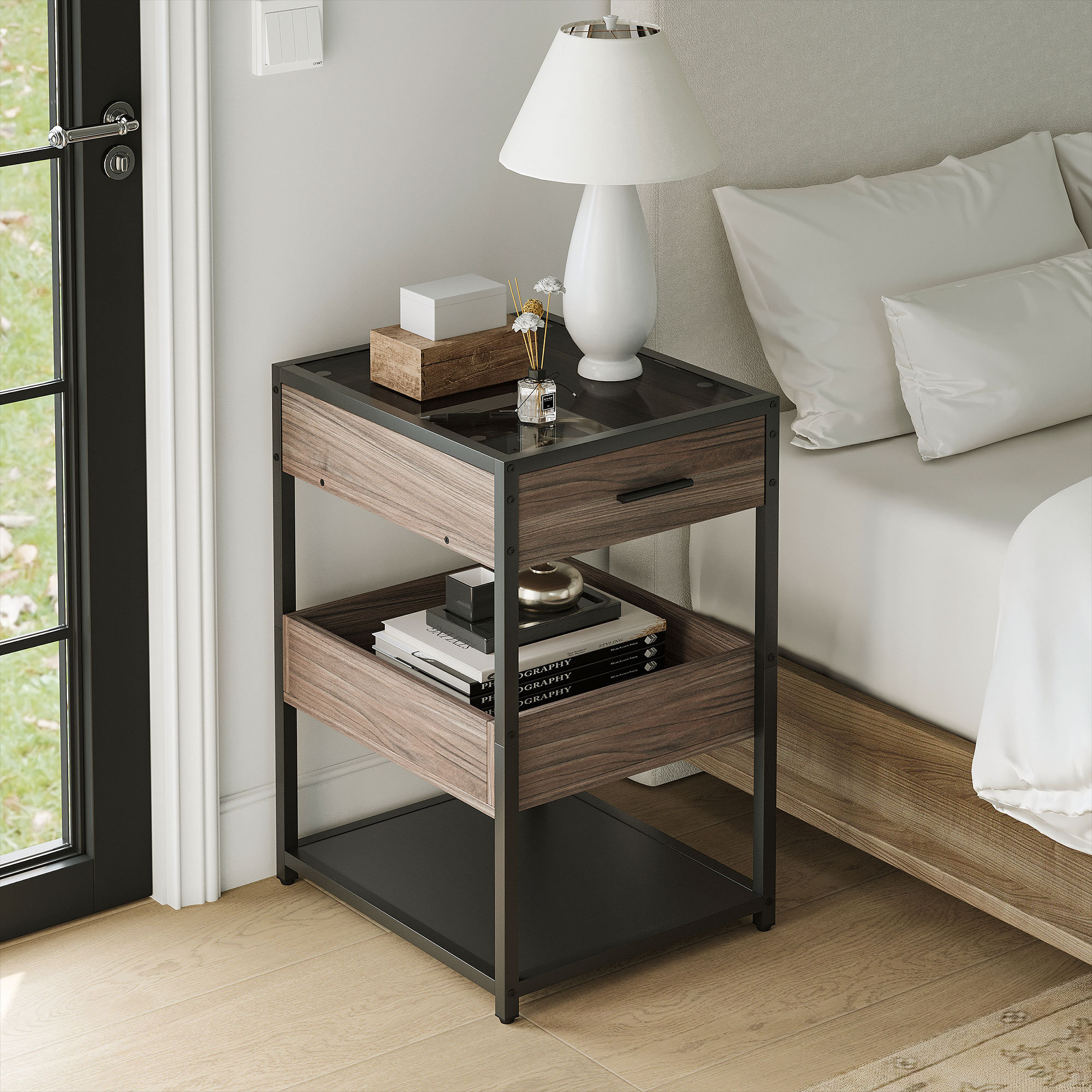 Black metal frame nightstand discount