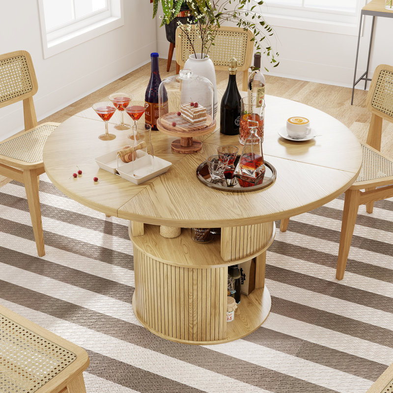 47.2” Round Dining Table For 4, Wood Farmhouse Kitchen Table With Wood 2-layer Storage Shelf Base, Wood