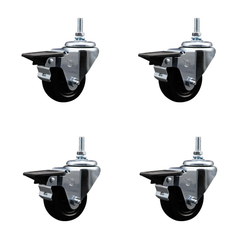 3 Inch Hard Rubber 12MM Threaded Stem Caster Set with Brake