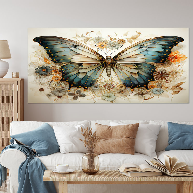 Papillon beige sarcelle, motifs complexes - art mural papillon, Toile tendue, 34" H x 44" W