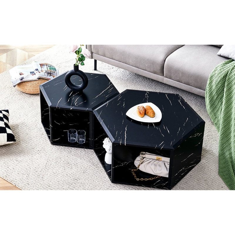 Duo de tables basses hexagonales - Esthétique noir et blanc, forme créative, options de rangement pratiques, matériau tendance facile à installer, look saisissant, espace pratique