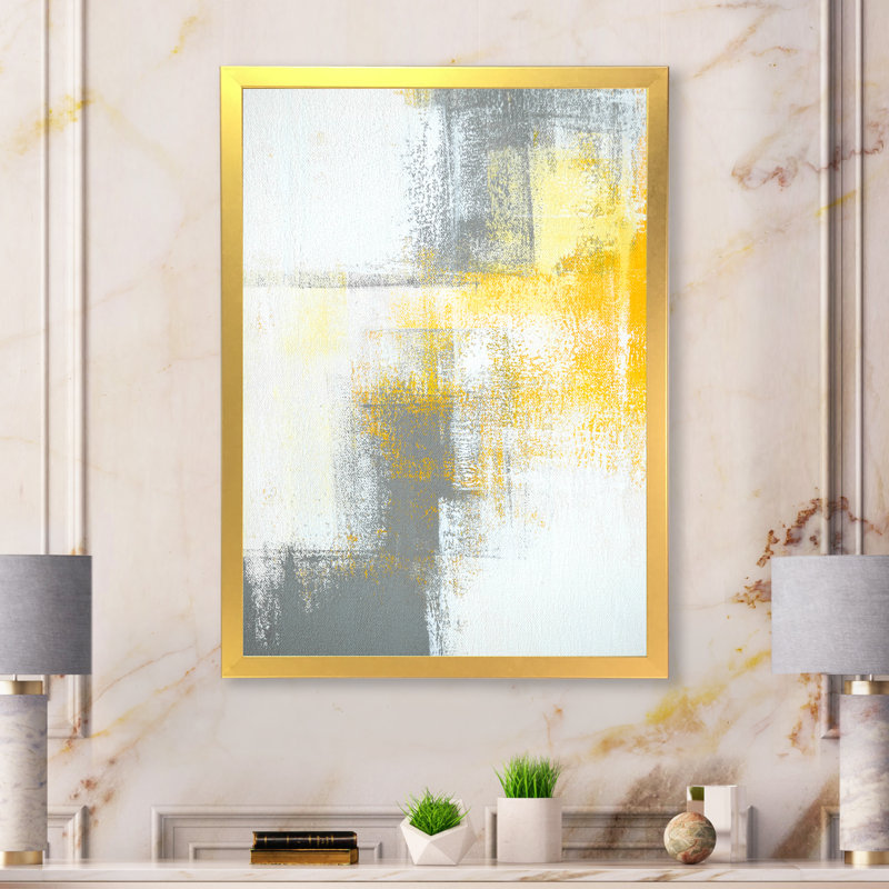 «Gray and Yellow Blue Abstract», reproduction d'art sur toile, H 46 po x l 36 po x P 1,5 po, Cadre flottant noir